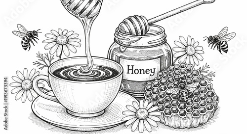 Honey and tea illustration jar spoon cup bees and flowers in detailed artwork