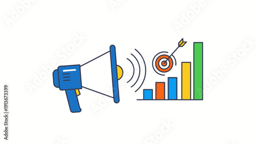 Megaphone Announcement, Target and Growth Bar Chart, Marketing Strategy Concept