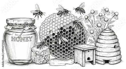 Honey bees and beehive elements illustration for design and decoration