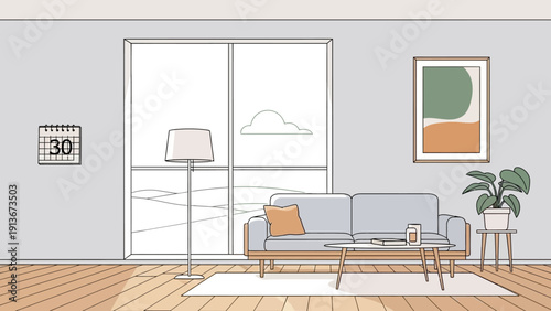 Modern living room, minimalist interior design, sofa, window view, abstract art