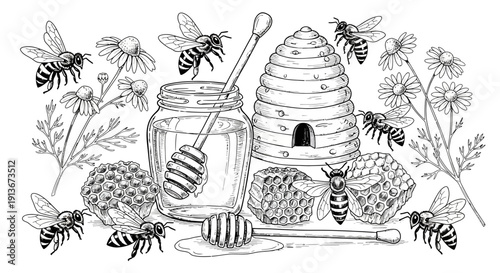 Honey bees and beehive with honey products in black and white illustration