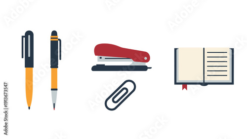 Office Supplies: Pens, Stapler, Paperclip and Open Notebook - Flat Design Icons