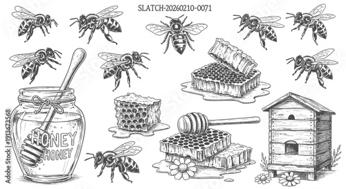 Honey bees and honeycomb elements in detailed black and white illustration