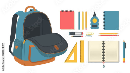 Open Backpack with School Supplies - Back to School Concept