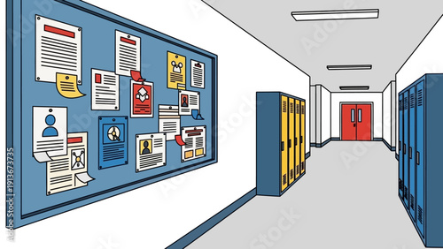 School Hallway with Bulletin Board and Lockers, Educational Environment