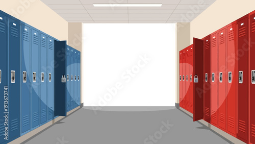 School Hallway With Red And Blue Lockers, Bright Open Doorway Ahead