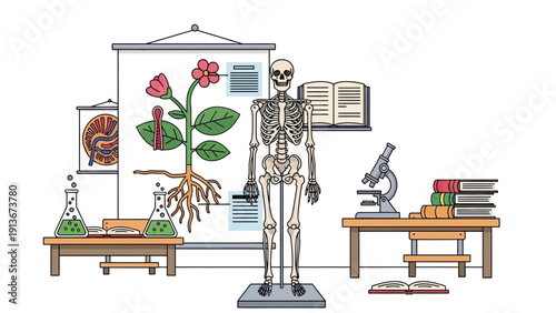 Science Classroom: Human Skeleton, Plant Biology, Microscope & Books