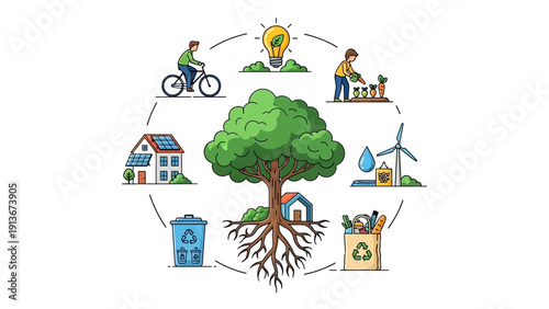 Sustainable Living Ecosystem: Eco-friendly lifestyle, renewable energy, recycling