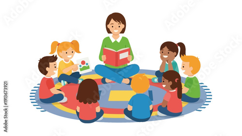 Teacher Reading Book to Diverse Children Sitting on Rug in Circle, Education Concept