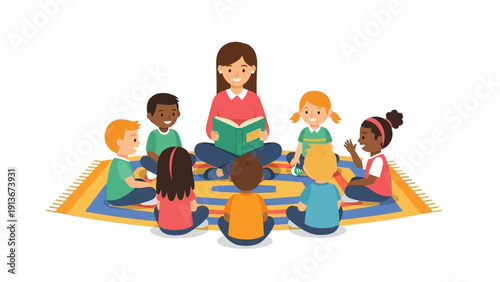 Teacher Reading Book to Diverse Children Group Sitting on Rug