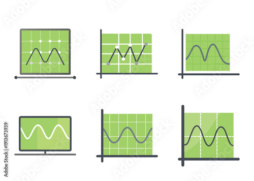 Set of business charts and graphs with fluctuating data representation images