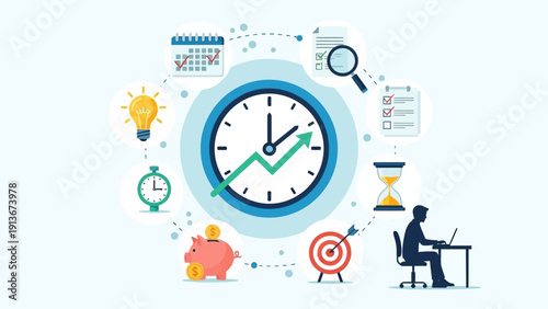 Time Management Concept: Clock, Calendar, Piggy Bank, Lightbulb, Hourglass, Target, Workflow