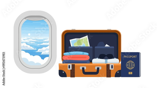 Travel preparation: Open suitcase with clothes, passport, map and airplane window view