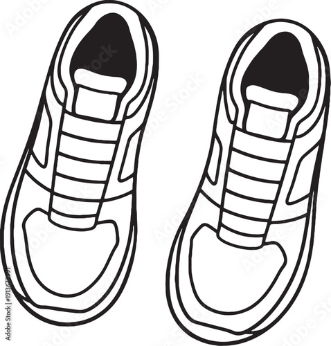 Badminton Shoes Pair Top View Line Art 3D Lite Black White