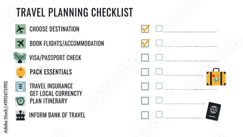 Travel Planning Checklist with Icons and Suitcase - Vacation Preparation