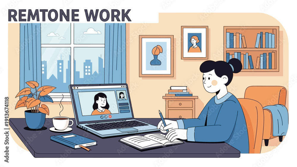 Fototapeta premium Woman working remotely on laptop with video call, studying and writing at home office