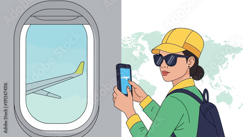Woman with smartphone and airplane wing view from window, travel concept