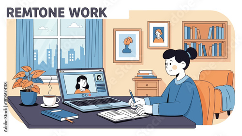 Woman working remotely on laptop with video call, studying and writing at home office