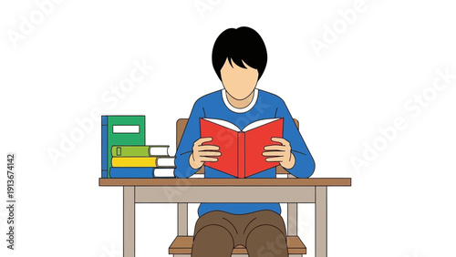 Young student reading a book at a desk with books stacked beside, white background