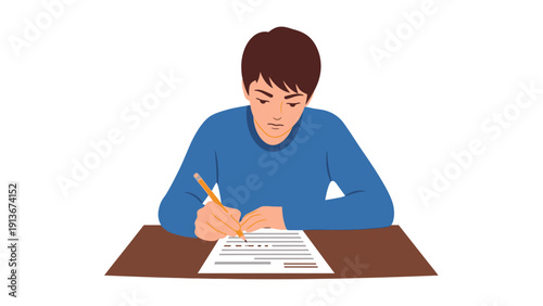 Young man writing at a desk, focused on schoolwork or exam