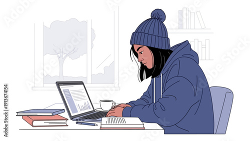 Young Woman Typing on Laptop at Desk in Cozy Winter Outfit, Studying or Working