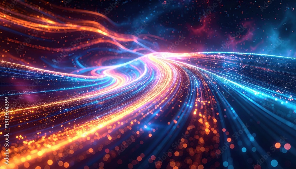 Obraz premium A detailed photographic capture of an abstract flow of energy patterns representing rapid transmission with pulsating neon lighting, reminiscent of a FlyPro Firefly.