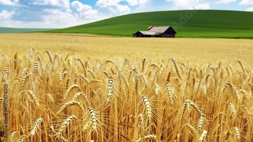 Wallpaper Mural Golden Wheat Field Landscape with Barn and Green Hill. Torontodigital.ca