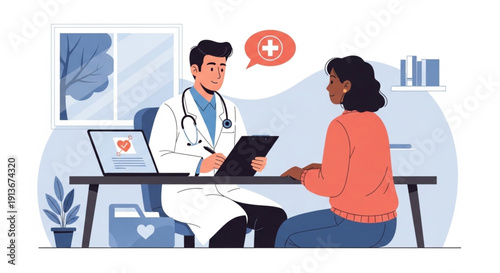 A friendly male doctor in a white coat talking to a patient in his office, using a laptop and clipboard to discuss health and heart care.