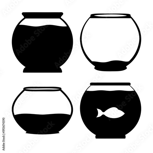 Variations of fishbowl silhouettes depicting different levels of water and presence of a fish