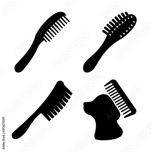 Different types of hair grooming tools including combs and brushes for personal and pet care