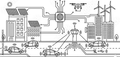 Vector Line Art of Smart City Ecosystem: Central Processor Connecting Solar Panels, Wind Turbines, Autonomous EV Cars, and Drone Delivery
