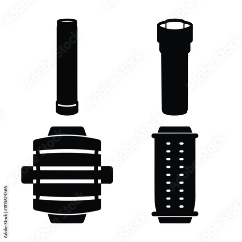 Collection of black silhouette icons depicting various water filter and plumbing components