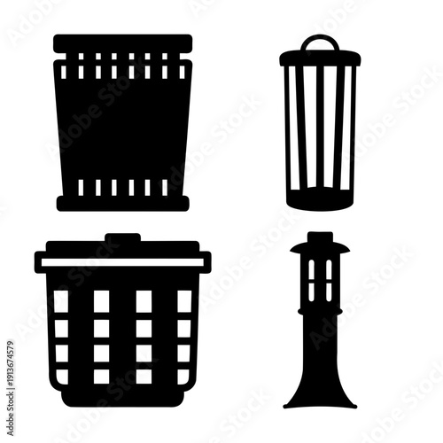 Collection of diverse garbage cans and trash bins in silhouette form on white background