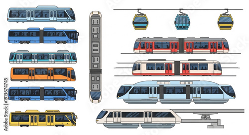 Collection of modern public transportation vehicles including trains and trams.