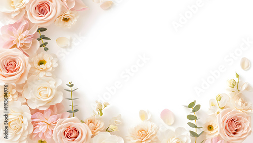 A charming floral frame showcases delicate blush and white roses with eucalyptus leaves on a bright white background.