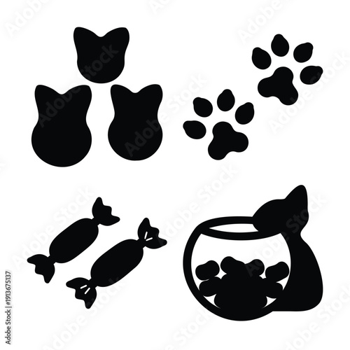 Charming collection of black cat silhouettes with paw prints and sweet treats