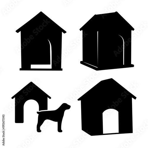 Collection of dog house and kennel silhouettes with a standing dog icon on a white background