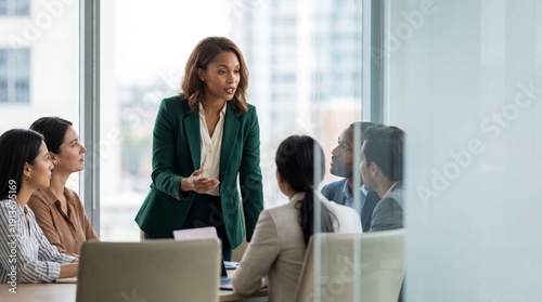 Confident experienced business leader presenting strategy to diverse team in modern glass office, engaging colleagues with persuasive body language and focused collaboration