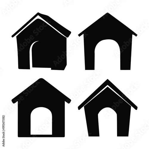 Collection of four simple black dog house silhouettes with arched entrances