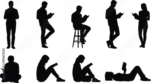 Black silhouette vector illustration set featuring diverse men and women in various poses reading books and studying for education literature and library concepts.