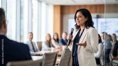 Confident latina senior woman speaking into microphone at corporate meeting, professional presentation and engaged audience in modern glass conference room