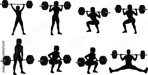 Black silhouette vector illustration set featuring athletic women performing various weightlifting exercises with barbells for fitness gym training and bodybuilding health concept designs.