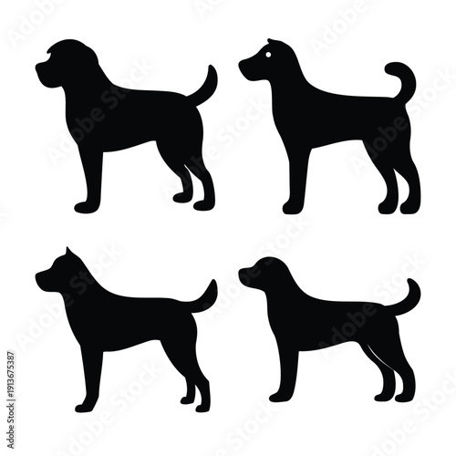 Diverse dog silhouettes showcasing various canine forms and breeds in simple black vector illustration