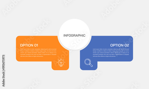 Modern 2 options infographic template with central circle for business core concept. Presentation, Banner and Plan. Vector illustration.