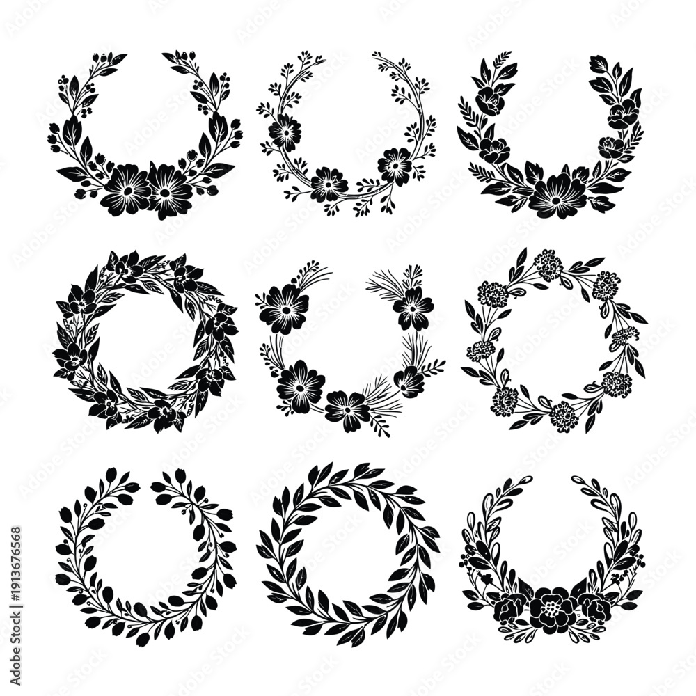 Obraz premium Floral wreath collection featuring various elegant black floral designs on a beige background, perfect for decorative and design purposes, with diverse styles and intricate details.