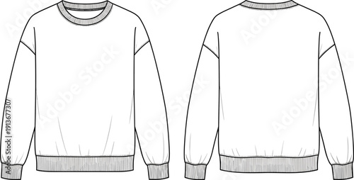 Front and back crew neck sweatshirt technical fashion illustration with ribbed collar cuffs hem and long sleeves