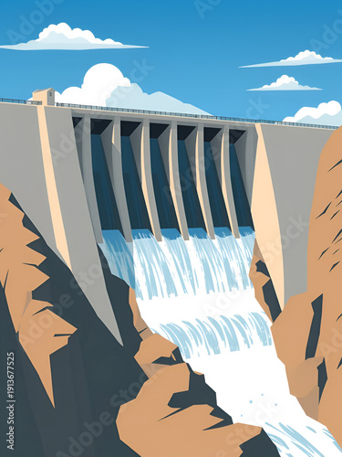 Stylized graphic illustration of a large concrete dam with water flowing through multiple spillways