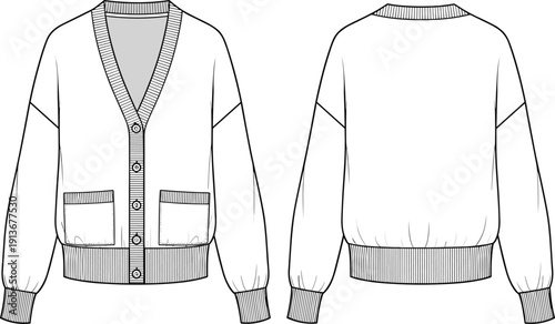 Front and back knit cardigan technical fashion illustration with button front, ribbed trims, patch pockets and long sleeves mockup