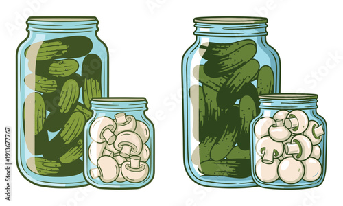 Fermented foods icons: pickles and mushrooms in jars