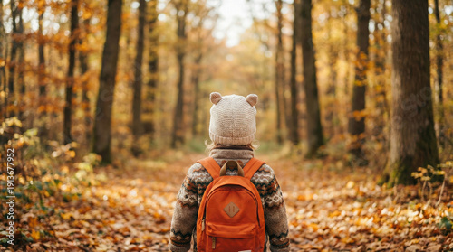 Little Child with Backpack Walking in Autumn Forest – Fall Nature Adventure, Kids Outdoor Exploration and Seasonal Travel Concept